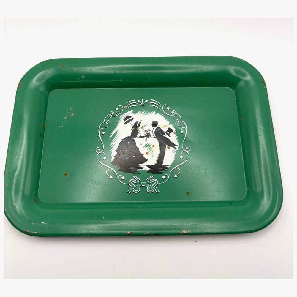Vintage Small Green Tin Toleware Dressing Table Vanity Tray Silhouette Man Woman